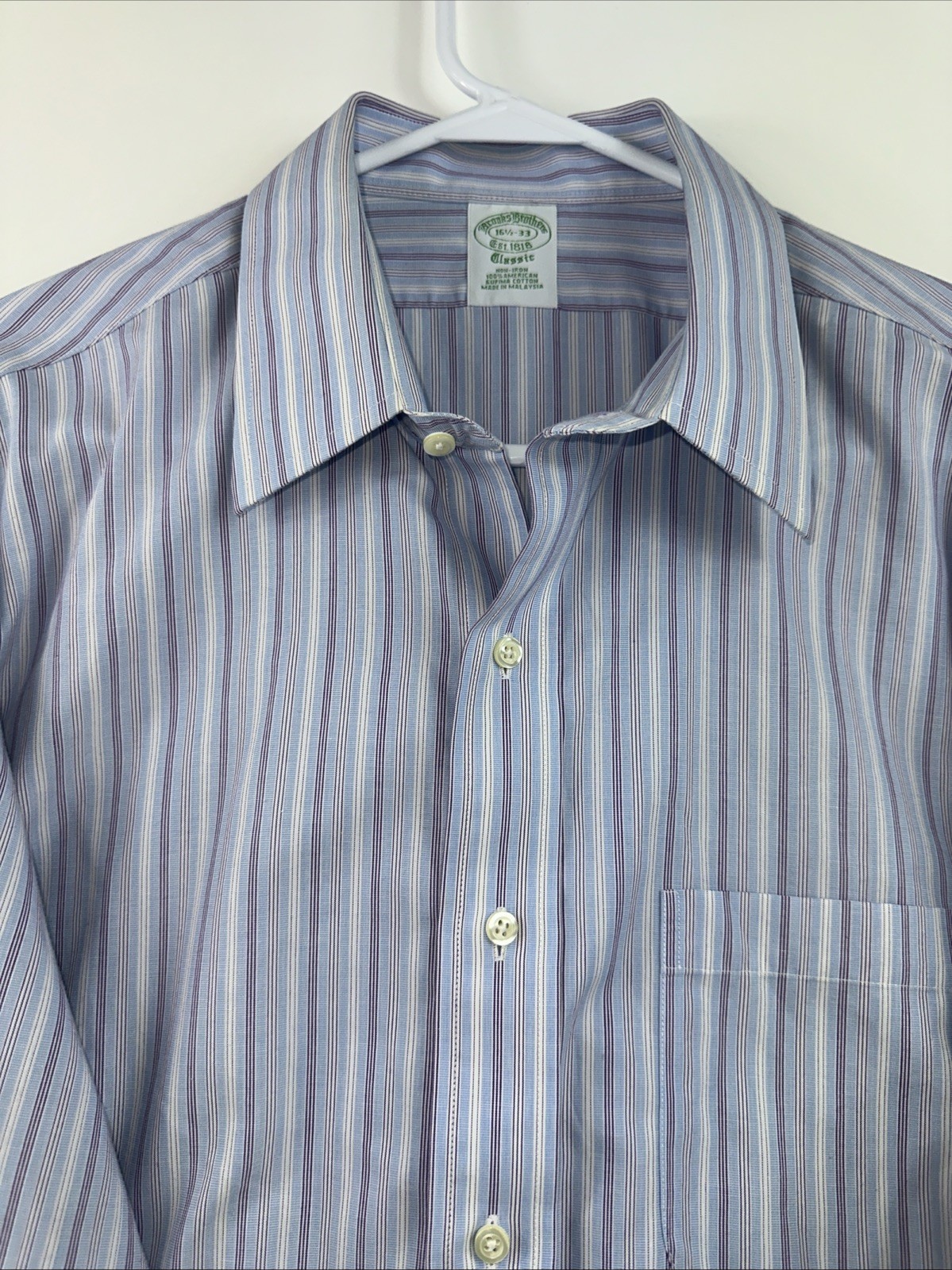 Brooks Brothers Classic 16.5 33 Blue White Striped Non-Iron Supima Cotton Shirt