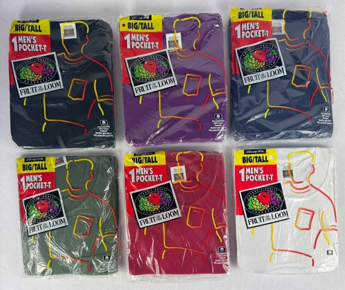 (6) Vintage 1990s Fruit of the Loom Men’s Pocket T-Shirts Big & Tall Many Colors