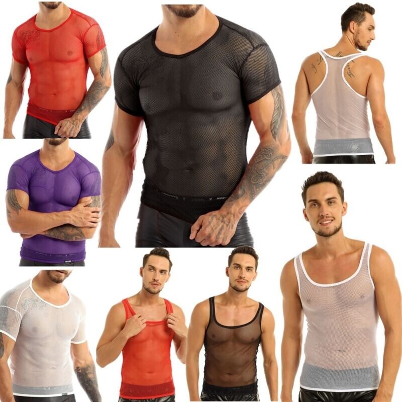 US Mens Mesh Sheer See Through Fishnet T-Shirt Casual Sexy Lingerie Top Clubwear
