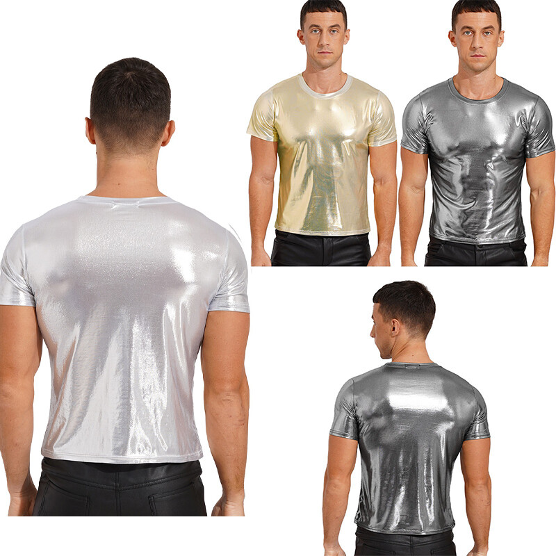 Mens Tank Vest Athletic T-shirt Festival Tops Stretchy Sport Tops Shiny Workout