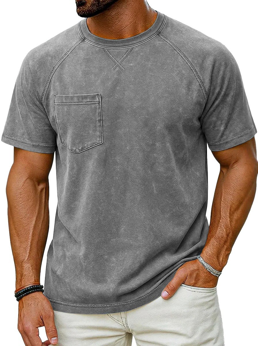 Men’s Vintage Washed Raglan Short Sleeve T-Shirt, Pocket Crew Neck Casual Tee