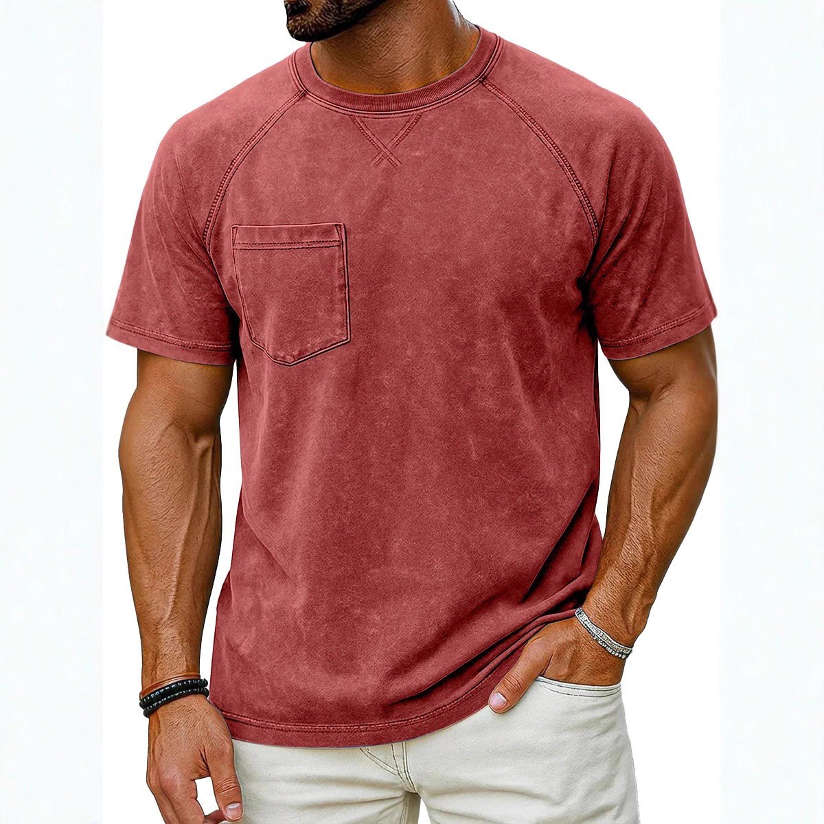 Men’s Vintage Washed Raglan Short Sleeve T-Shirt, Pocket Crew Neck Casual Tee