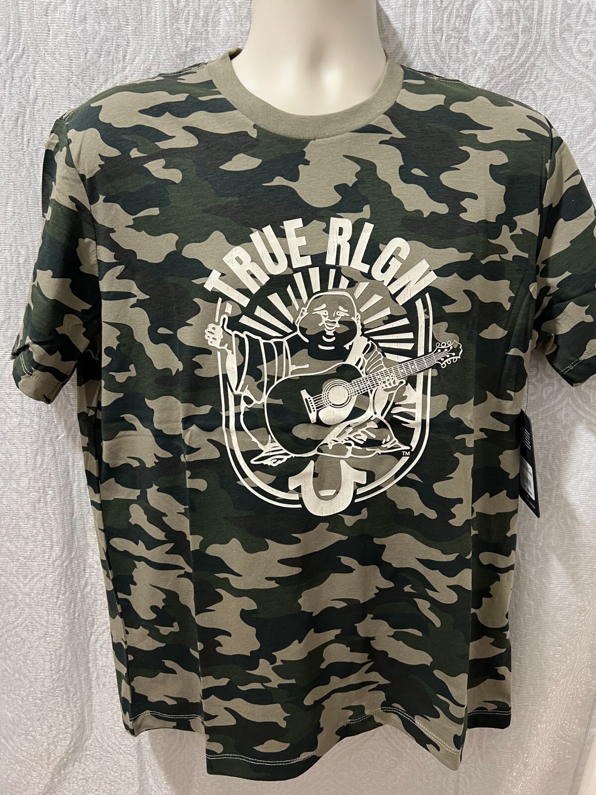 True Religion Men’s Size L Green Camo Arch Logo Crew Neck Tee $69 NWT #106190