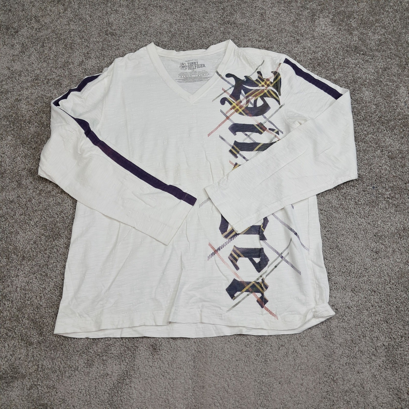 Tommy Hilfiger Mens White Graphic V-Neck Long Sleeve Trim Fit Tee Shirt Large