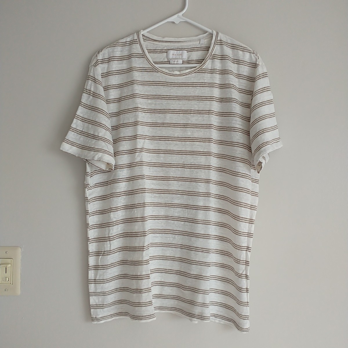 Porter & Ash T Shirt XL/L*White Green Olive Striped 100%Linen Crew Neck Neutral