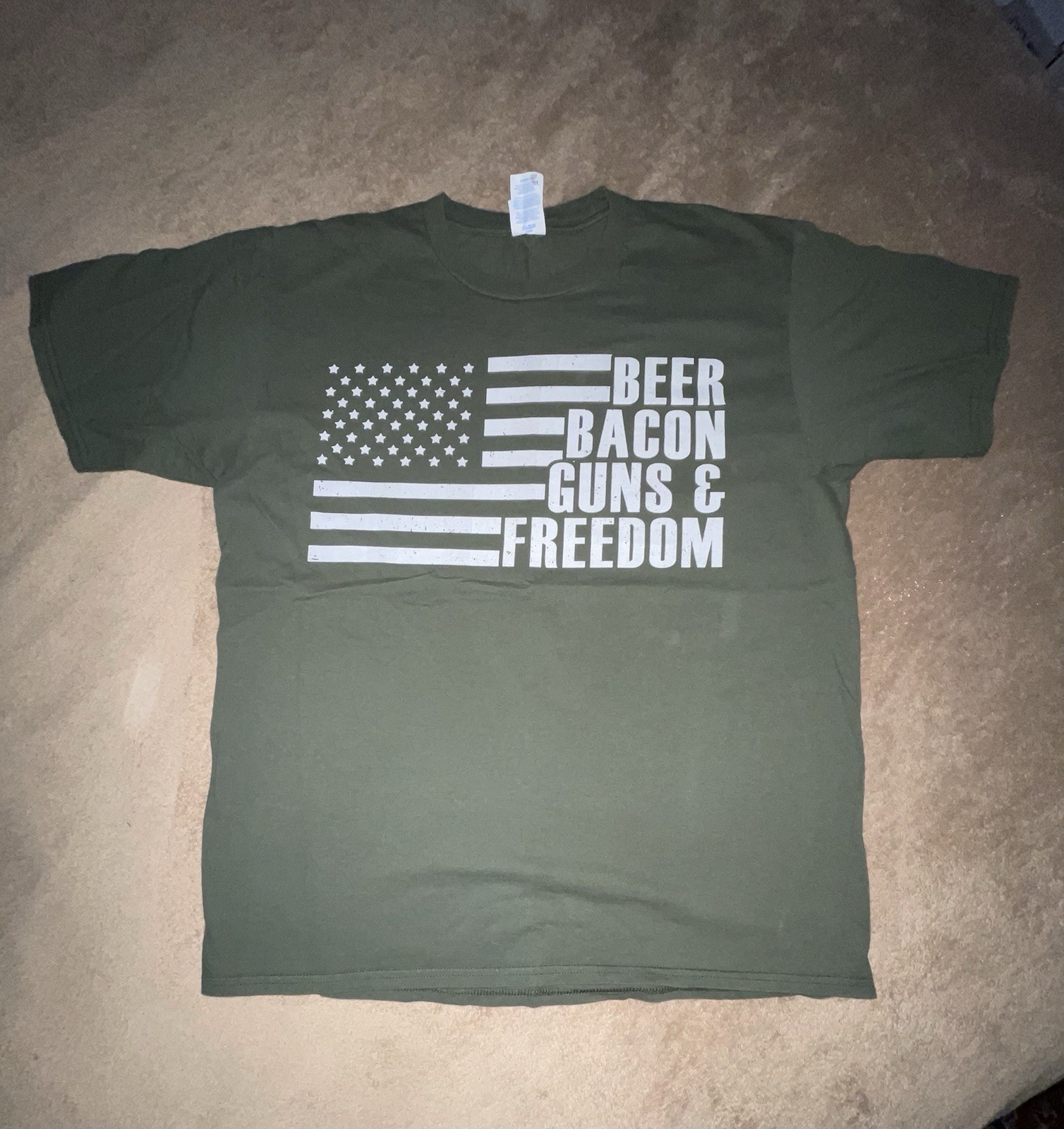 Olive Drab Green, Short Sleeve T-Shirt: Beer, Bacon, Guns, and Freedom (Large)