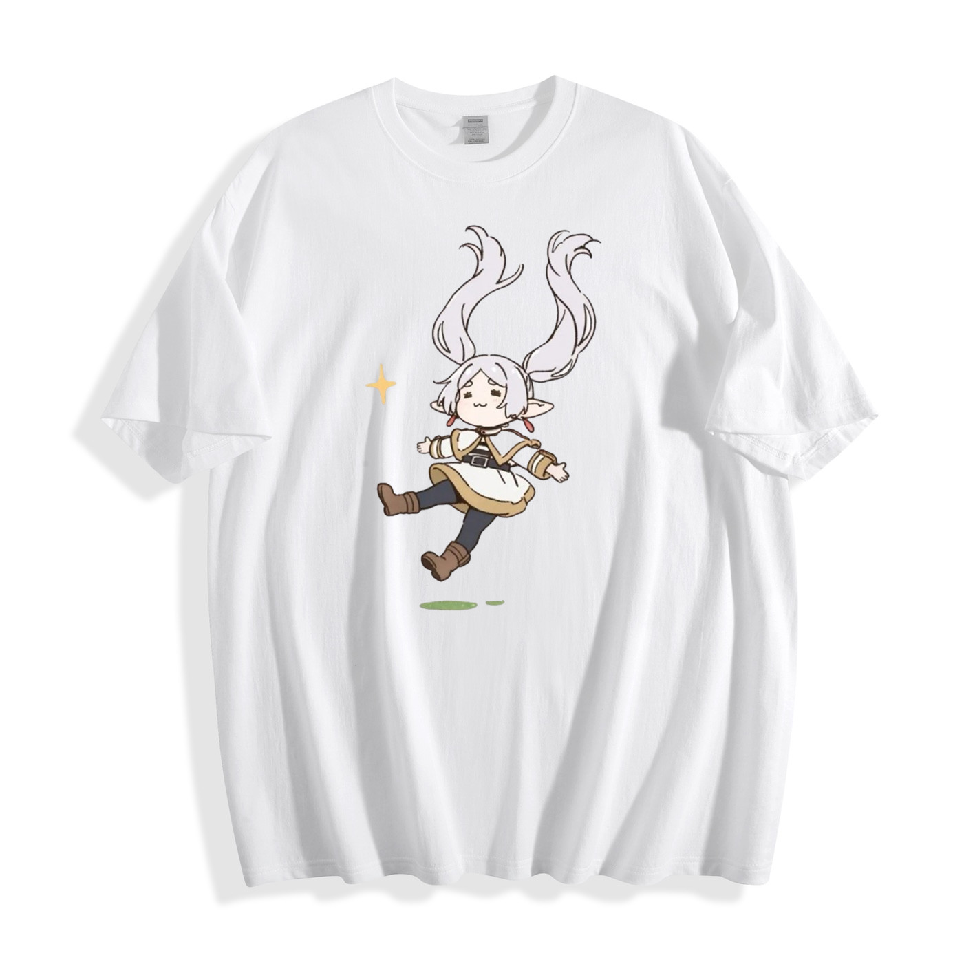 Chibi Frieren Sparkle Jump T-Shirt – Cute Anime Character Design Unisex Tee