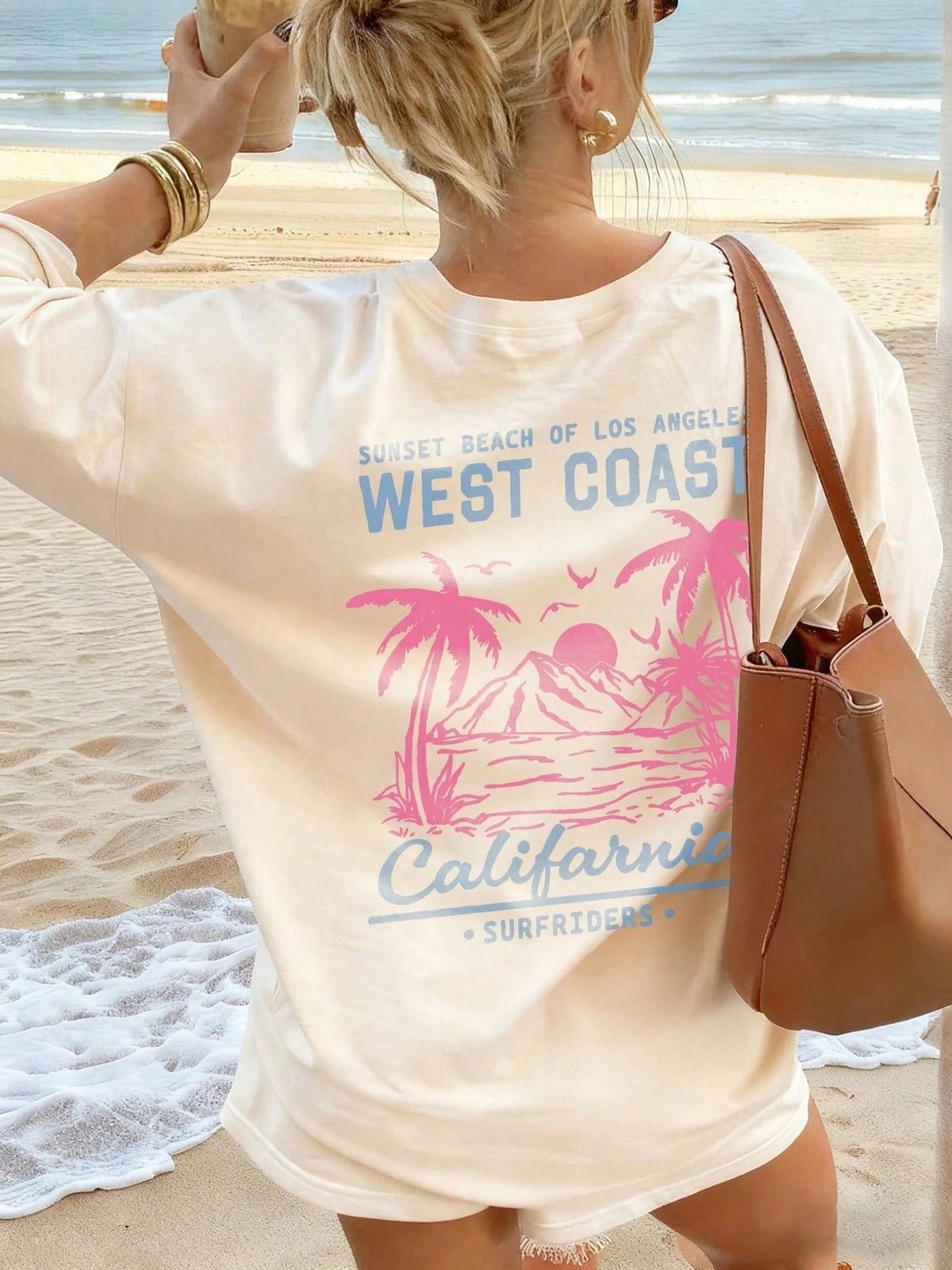 Coastal Palm Tree Scenery Print Letter Crew Neck Short Sleeve Soft Daily Wear