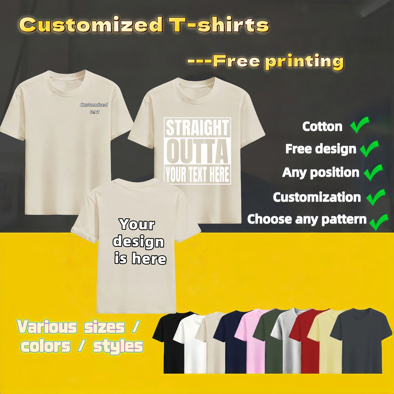 Personalized T-shirts, customizable with your text,photos or logo made of cotton