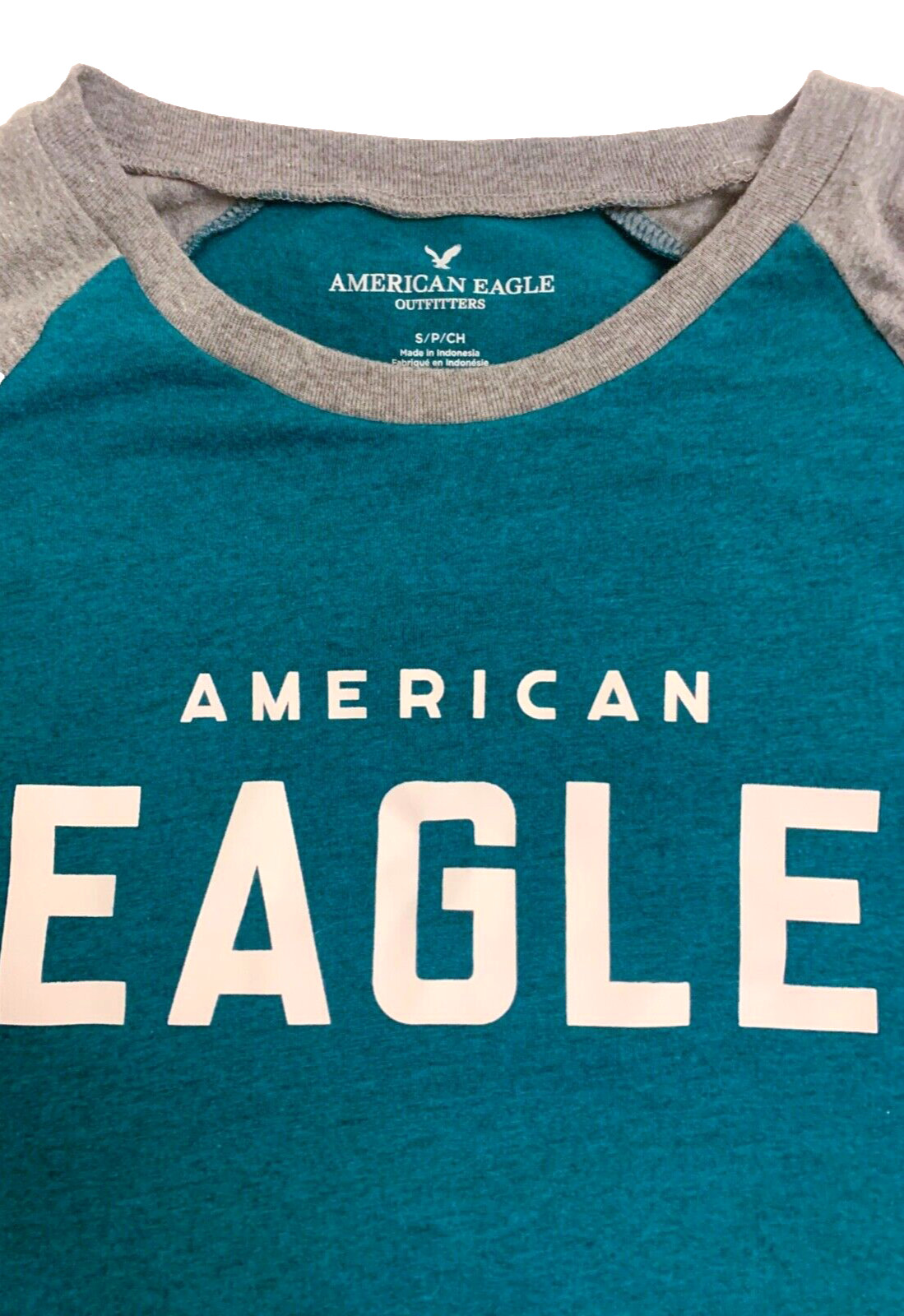 American Eagle Shirt Mens Small Jersey Raglan Crew Neck Short Sleeve Teal & Gray