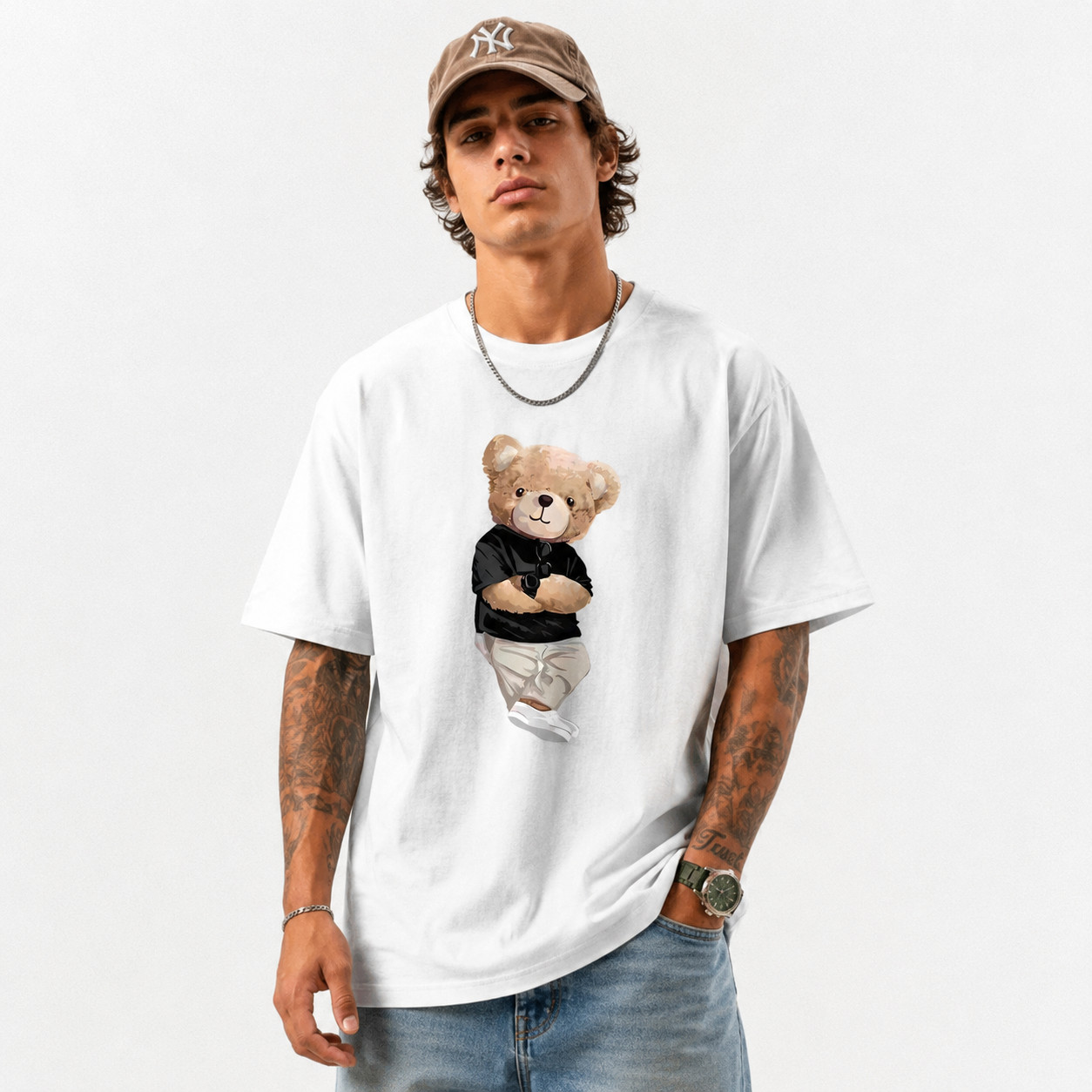 Cute Teddy Bear Graphic T-Shirt Men Funny Cartoon Casual Street Tee