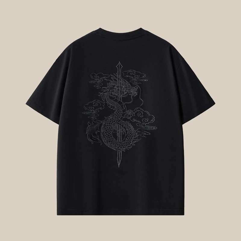 Men’s Dragon Sword Embroidered Cotton Short Sleeve T-Shirt Loose Casual Tee