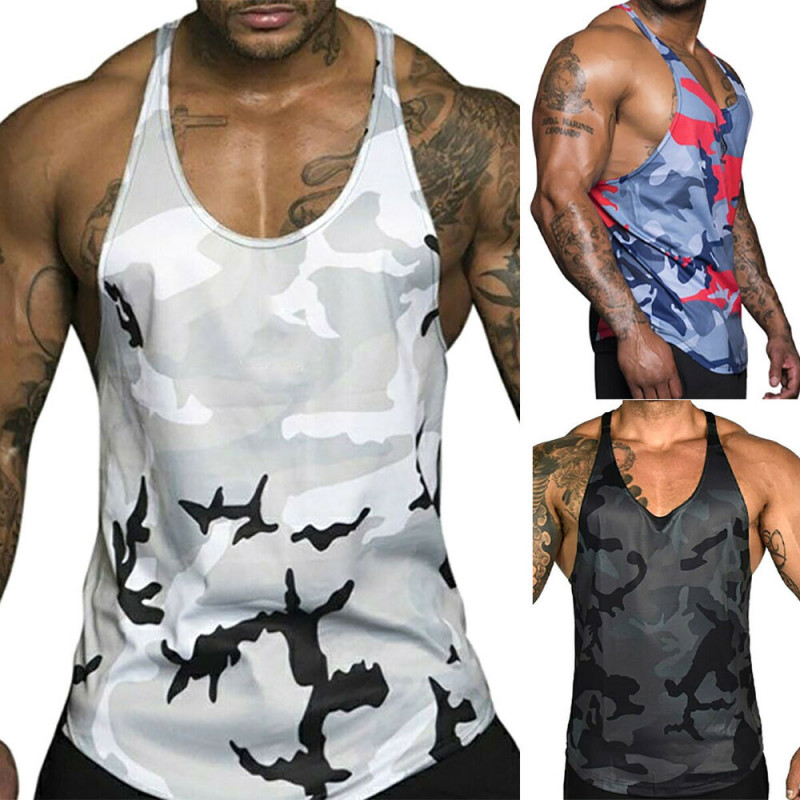 Mens Camo Stringer Sleeveless Tank Tops Gym Sports Workout Fitness Vest T-Shirts
