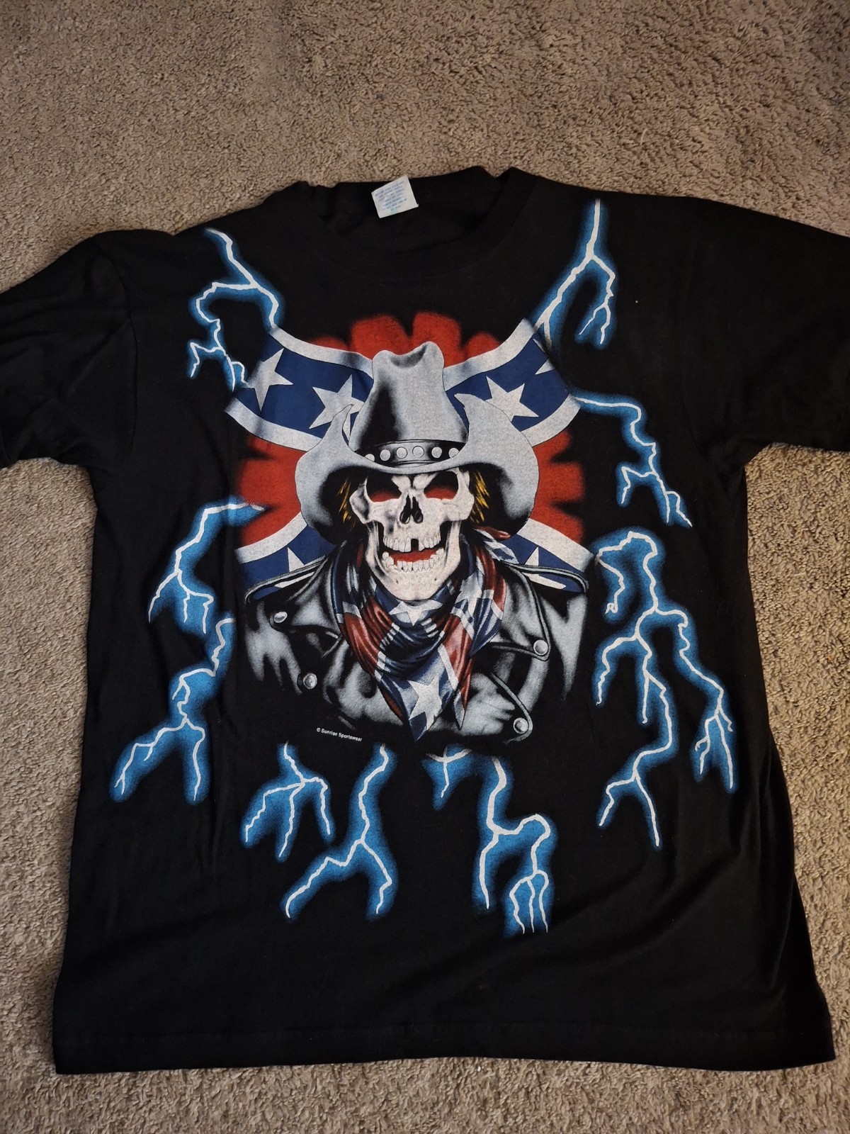Vintage American Thunder Skull Cowboy Outlaw Rebel Lightening T-Shirt Size Large