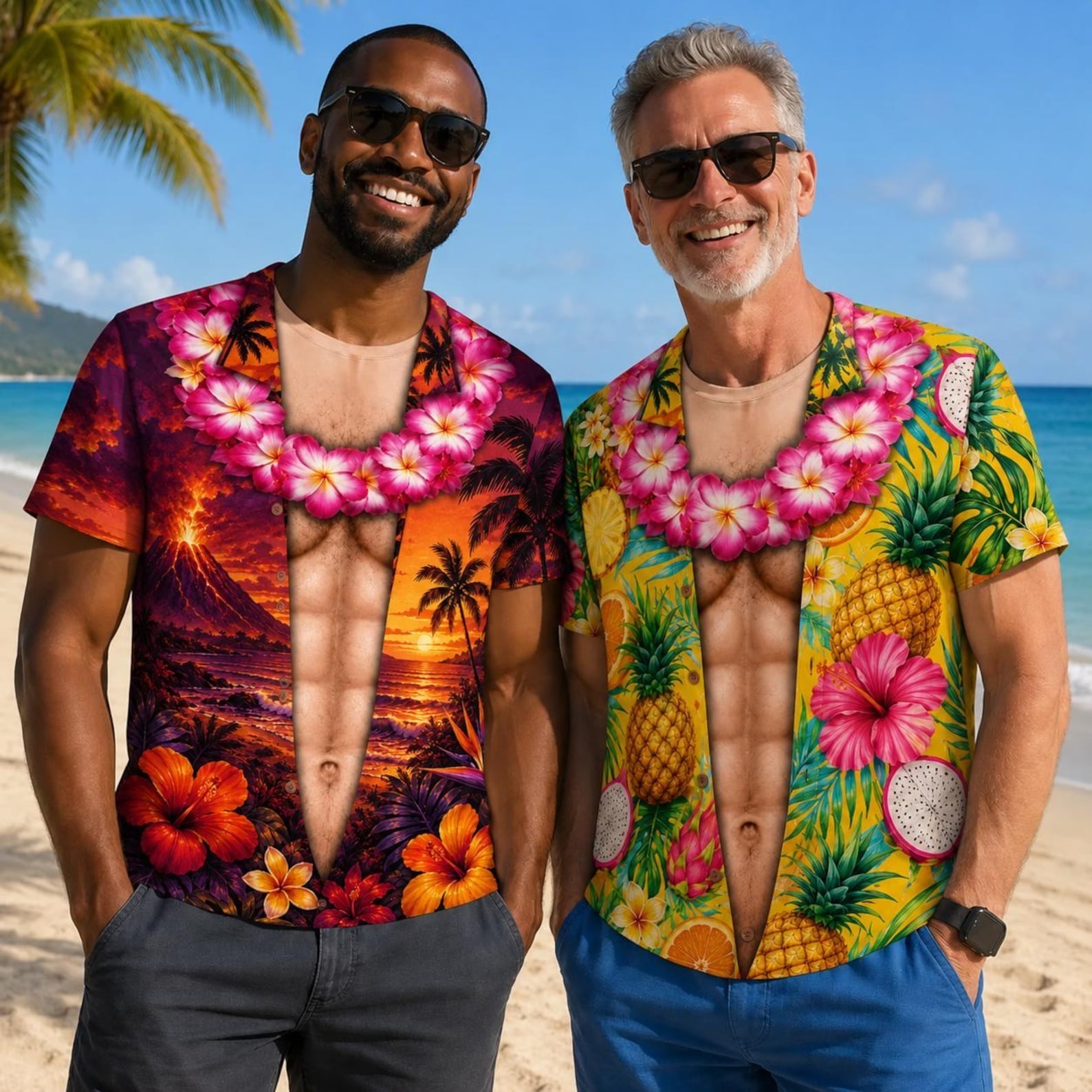 Funny 3D Muscle Abs Hawaiian Floral Lei Open Shirt Illusion Graphic T-Shirt