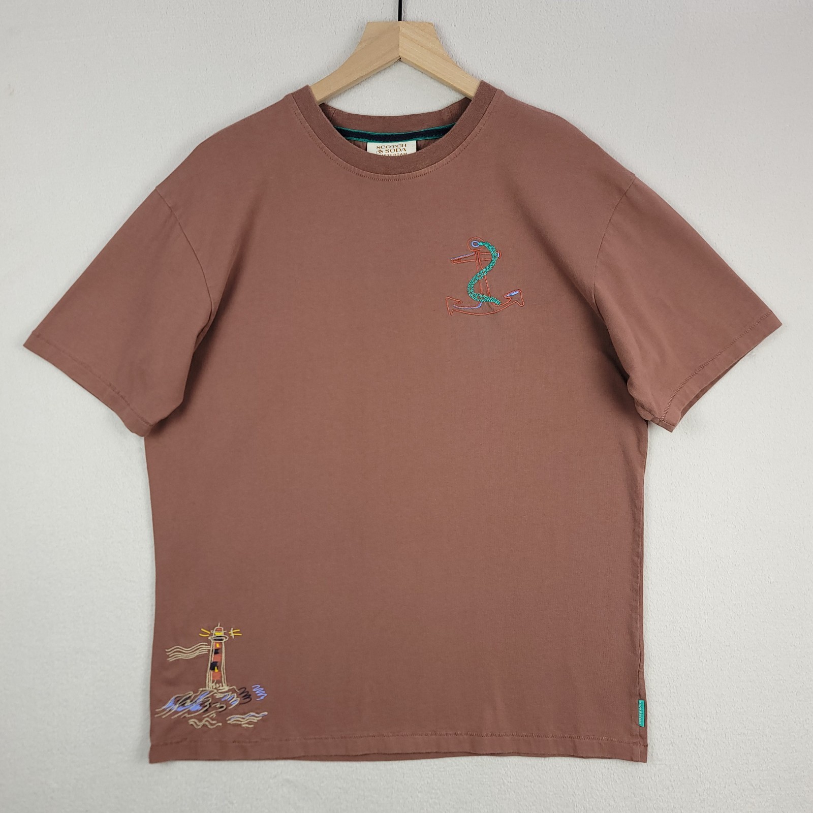 Scotch & Soda Shirt Mens Medium Brown 100% Cotton Nautical Embroidered Tee