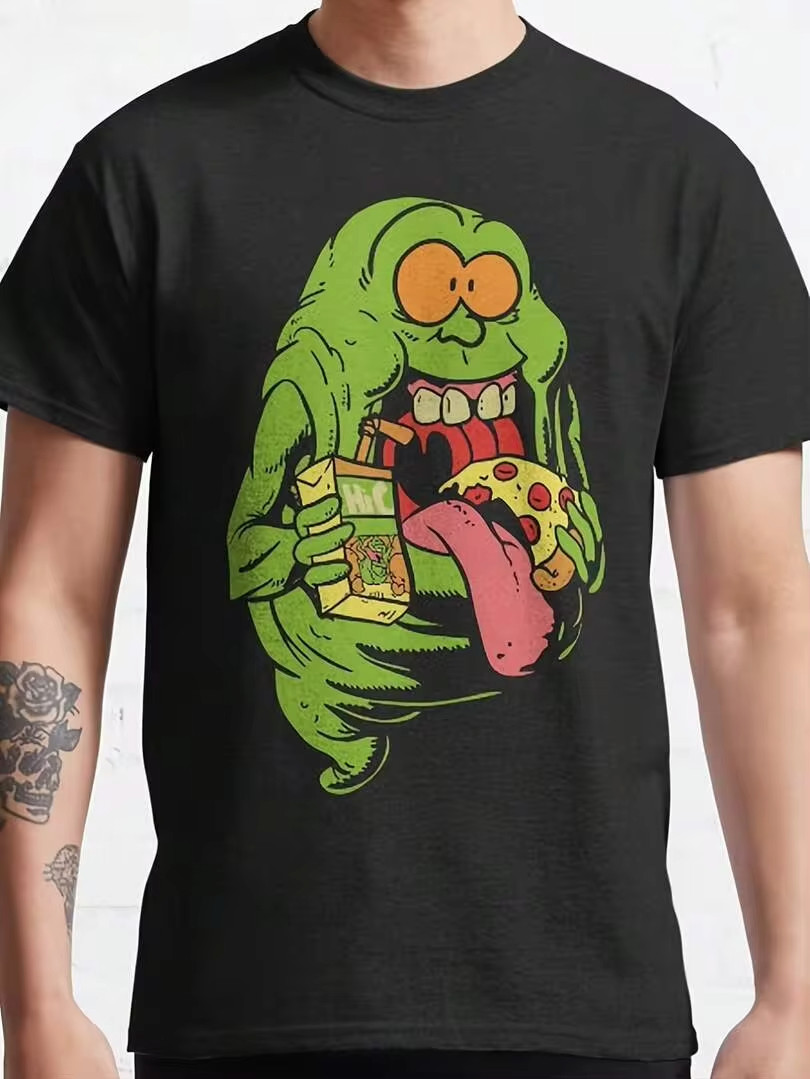 Ghostbusters Cotton Crew Neck T-Shirt With Playful Slime And Pizza Patterns