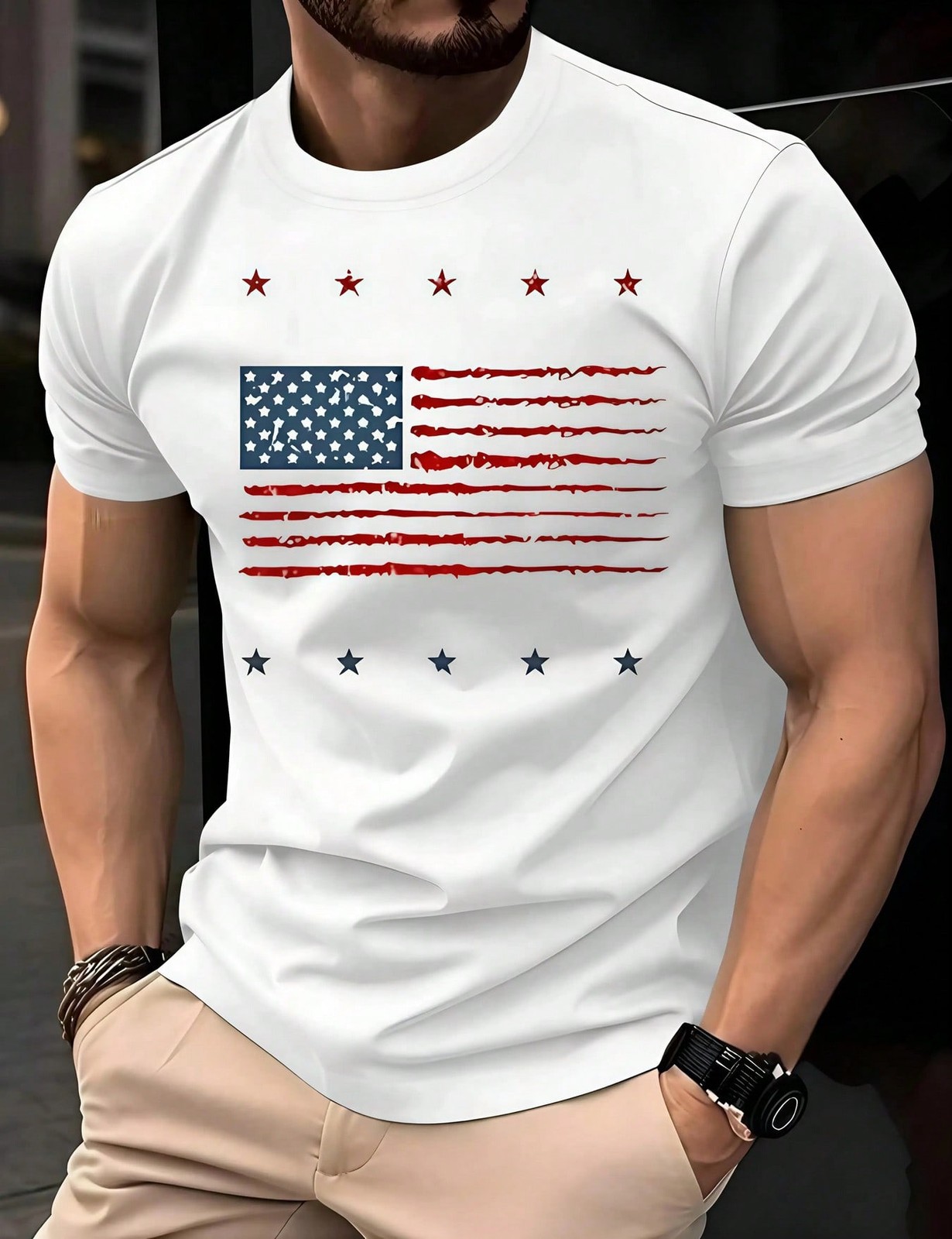 Man S’ American Flag Stars Stripes Print White TShirt, Crew Neck Tee