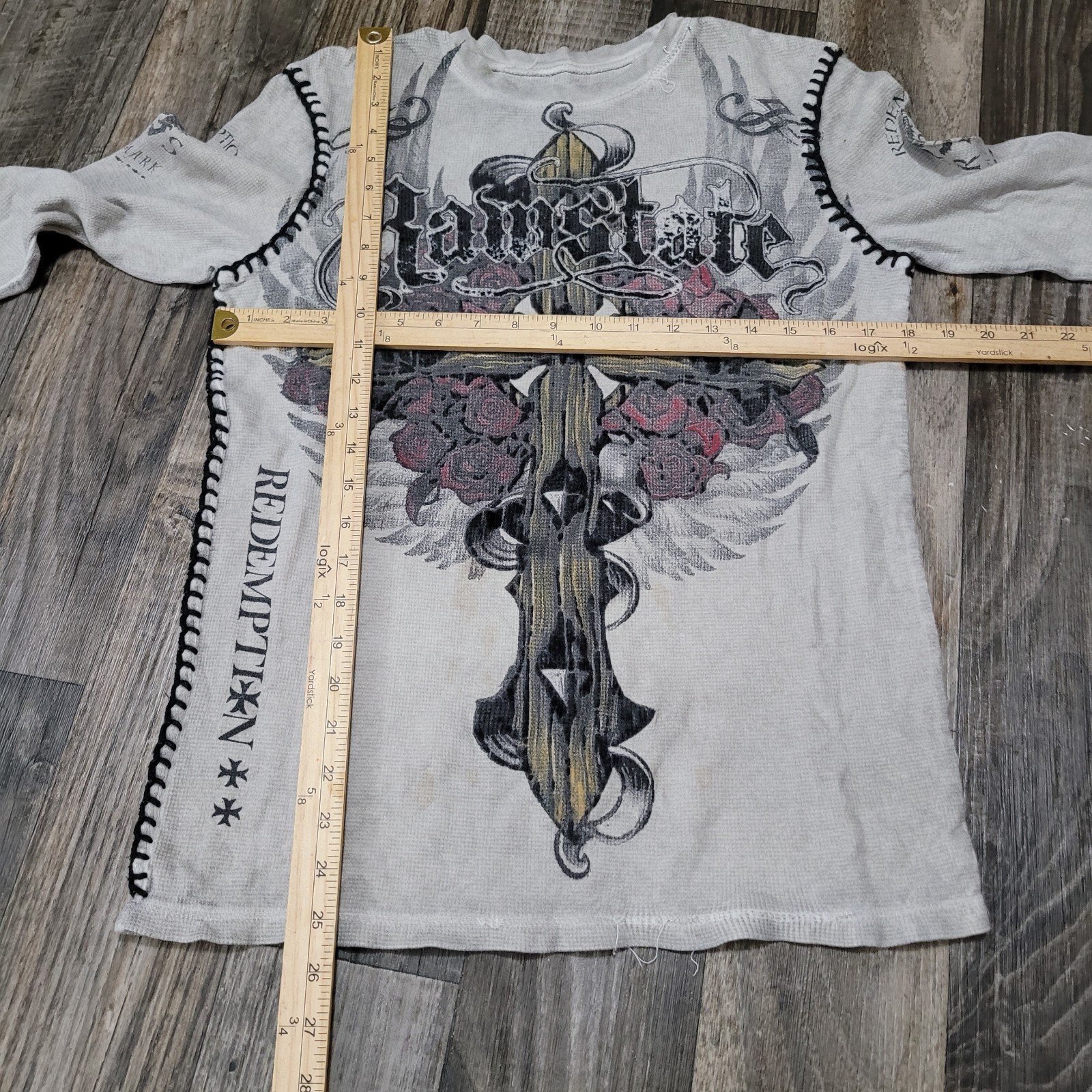 Raw State Redemption Thermal T Shirt Mens Small Wings Cross Rose Grunge