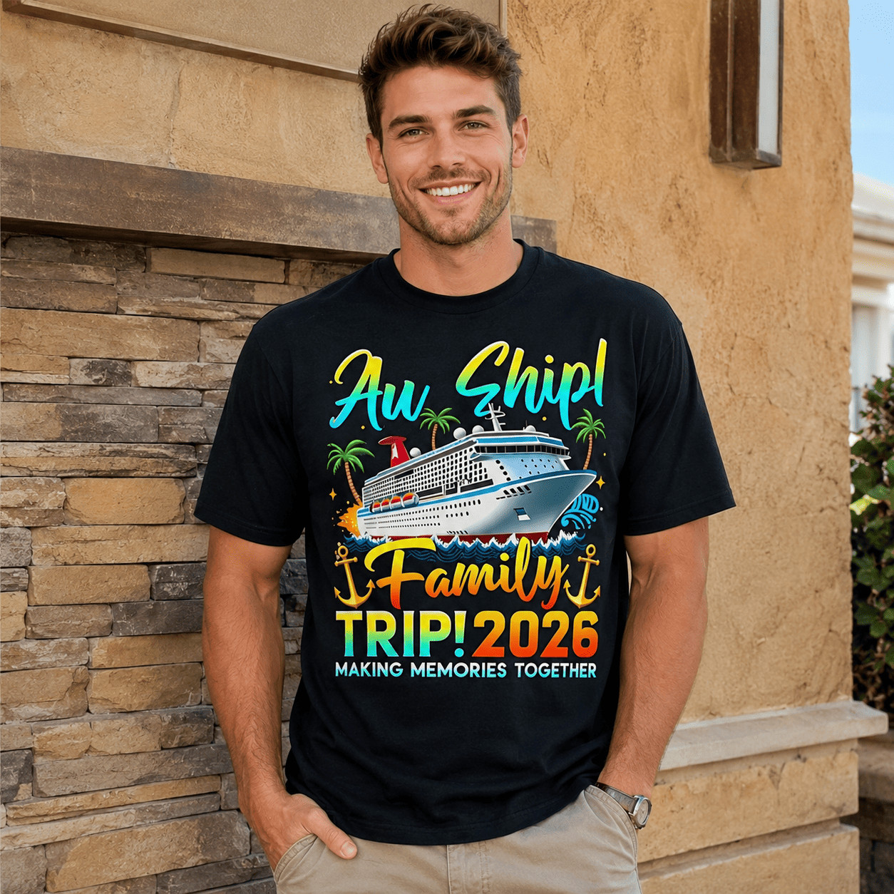 2026 Family Cruise Vacation Graphic T-Shirt Cruise Ship Palm Tree Tee