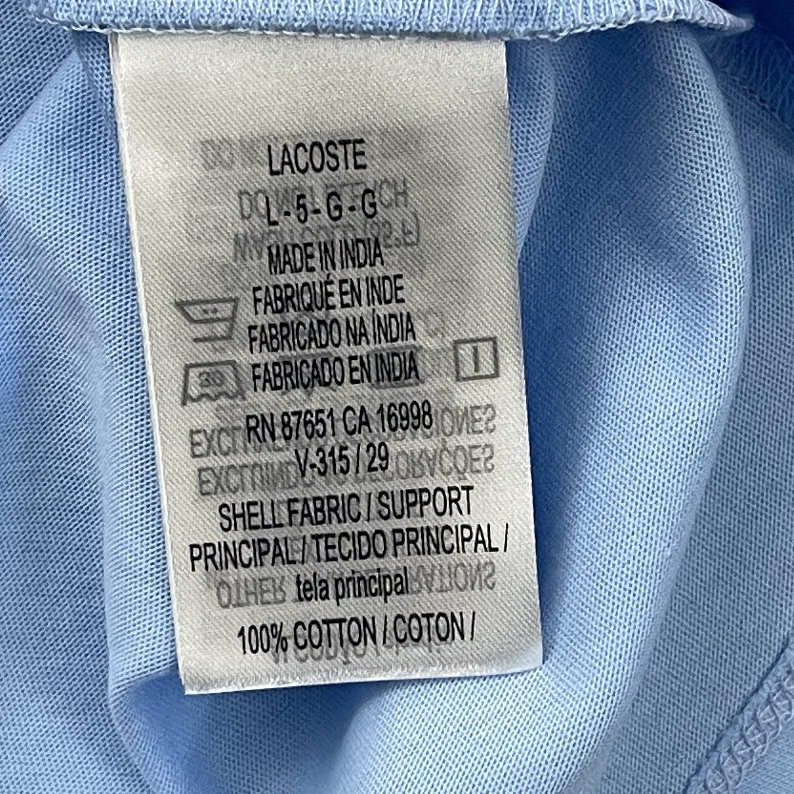 Lacoste T-Shirt Regular Fit Men’s L Solid Light Blue Cotton Logo Crew Neck NWT