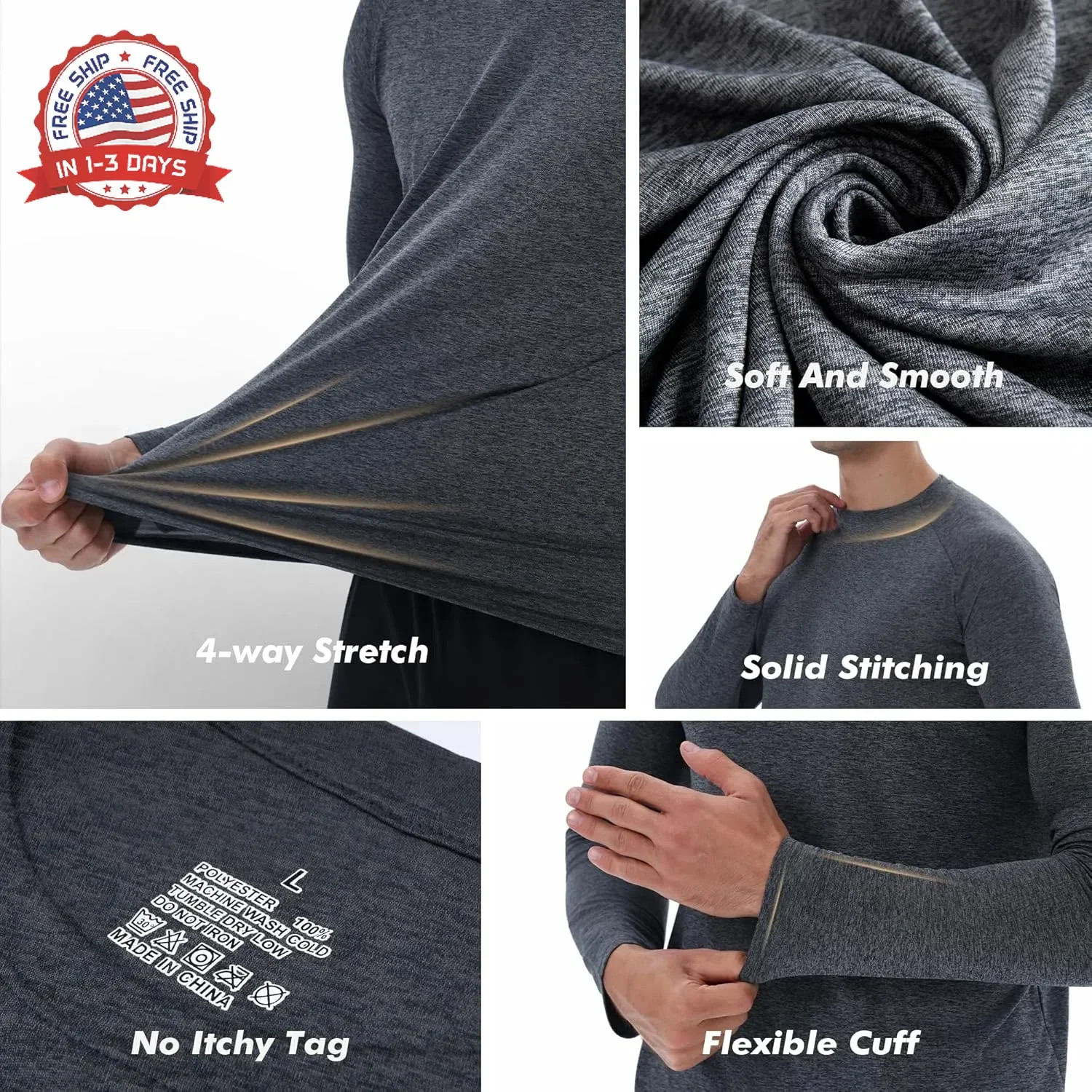 4 Pack Long Sleeve Shirts for Men – Quick Dry Moisture Wicking Sun Protection Ts