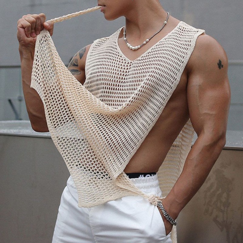 Men Sexy Hollow Out Tank Tops Openwork Side Lace Up Vest Casual Baggy Vest Basic