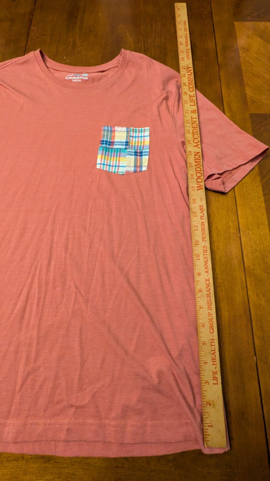 Charleston Threads T Shirt Mens Medium Pink Pocket Tee Plaid Patch Short Sleeve