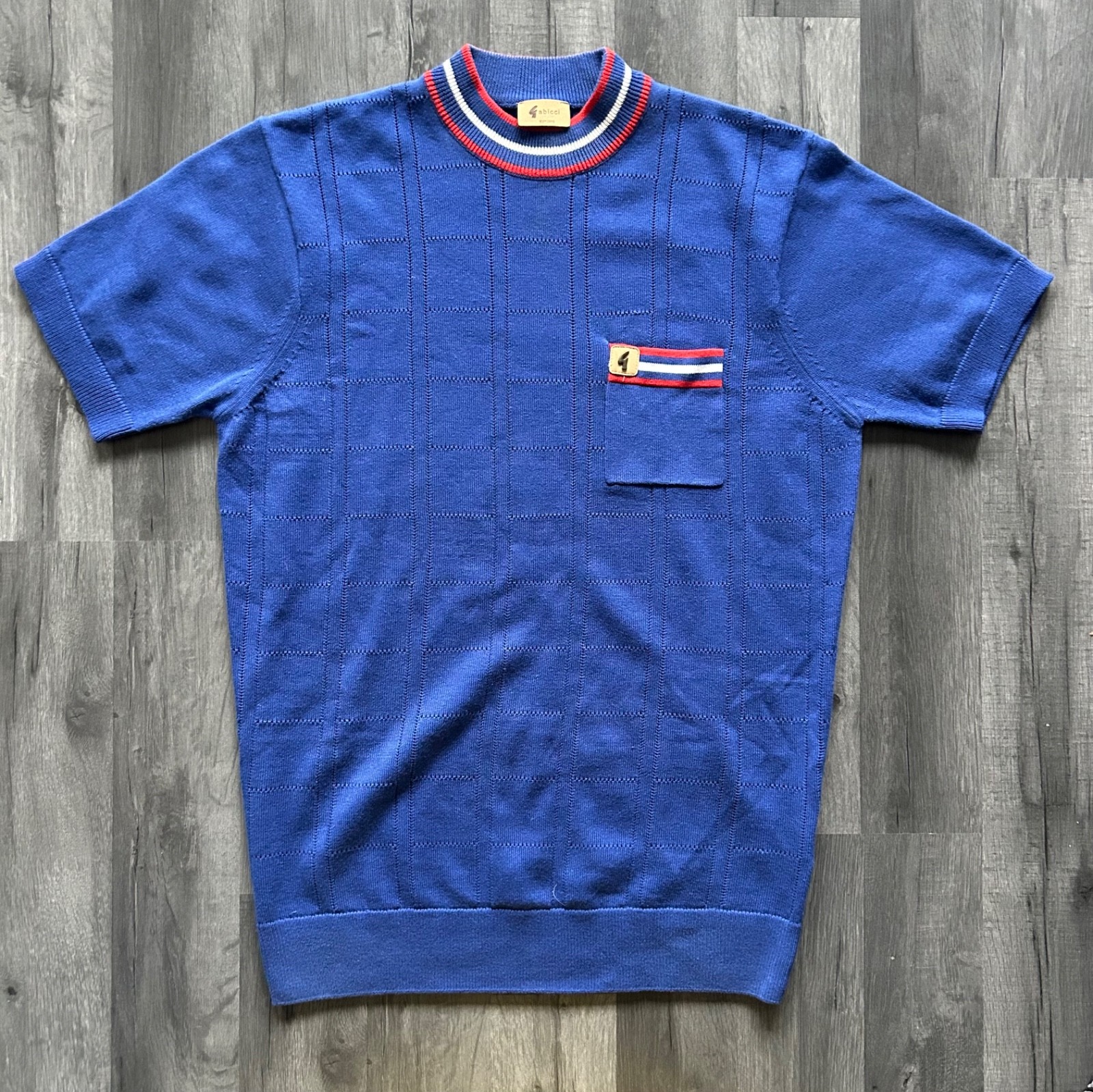 Gabicci Knit T Shirt Medium Blue Ringer High Round Neck Short Sleeve Pocket Tee