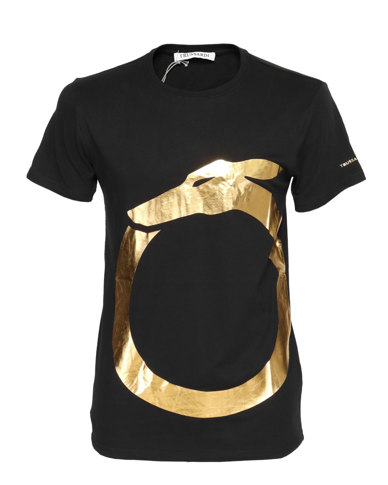 NWT TRUSSARDI Milano T-SHIRT crewneck cotton black gold luxury Italy L
