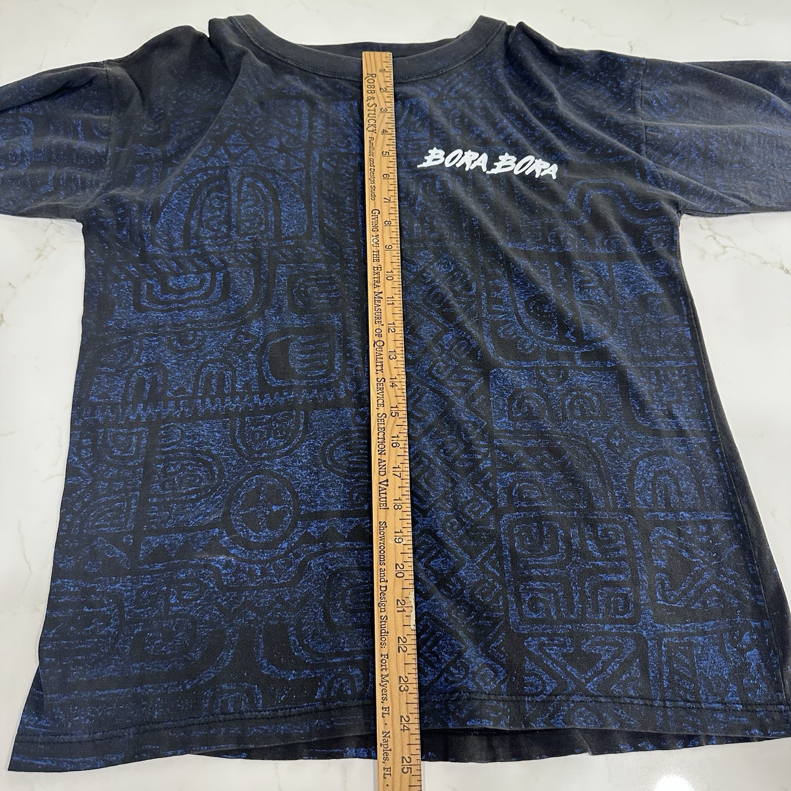 Bora Bora Magic Power Tahiti Shirt Mens Sz 44 Blue SS Hawaiian Graphic All Over