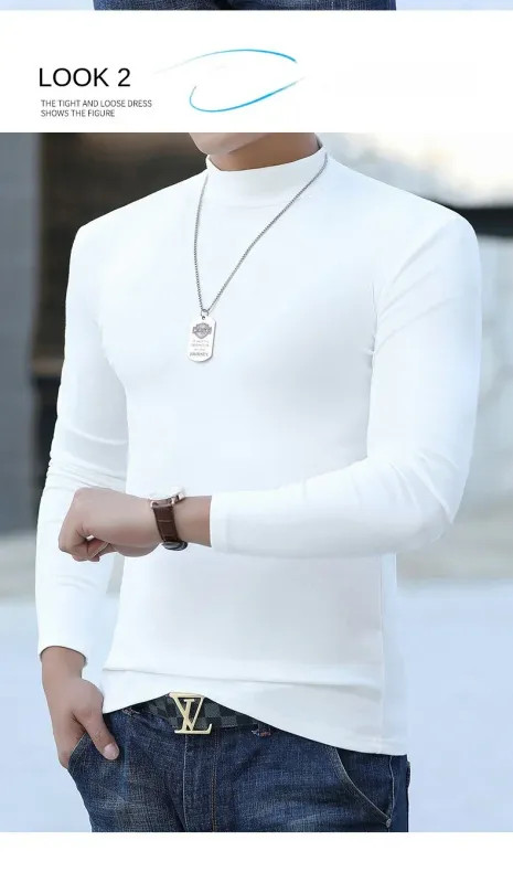 Fashion Men’s Oversize High Collar Long Sleeves Autumn Winter Pure Thermal Shirt