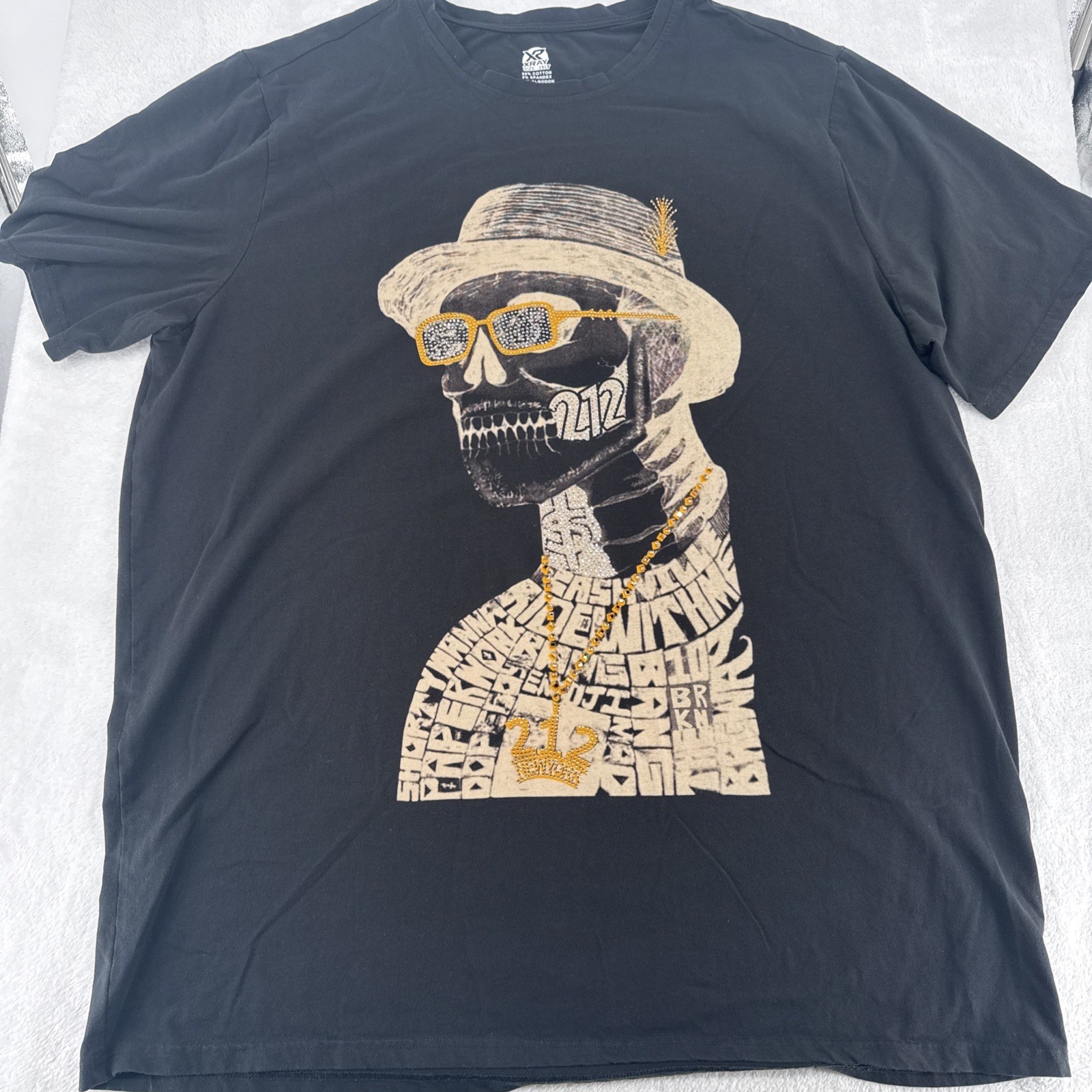 XRAY New York 212 SKULL SEQUINS W/SUNGLASS HAT T-Shirt 2XL LT Stretch Blend