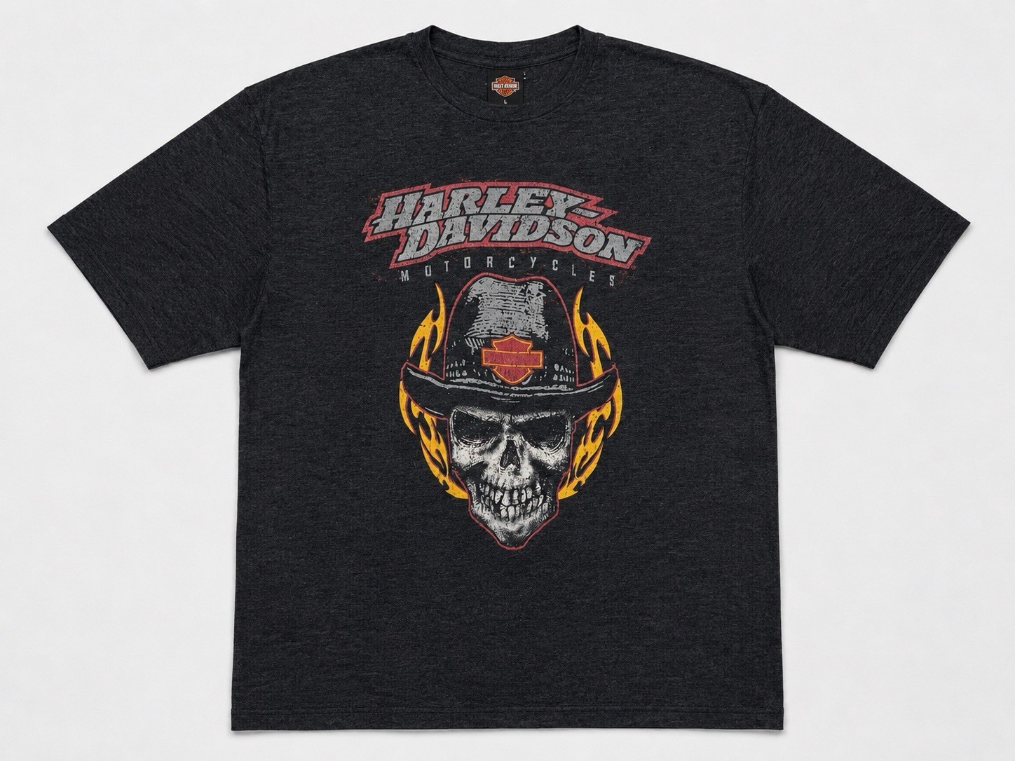 Harley Davidson T-Shirt Cowboy Skull Flames Men’s Large Biker Illinois