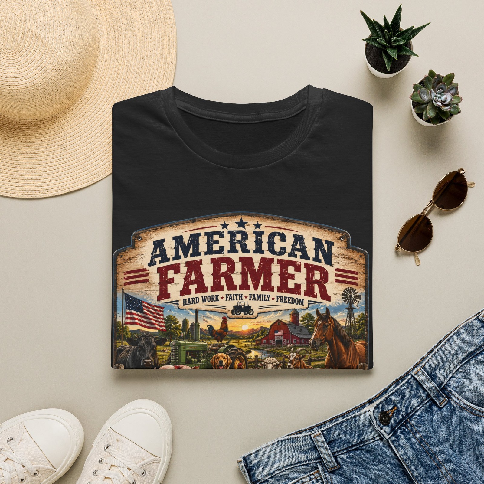 American Farmer vintage farm scene T-Shirt | Patriotic rural life