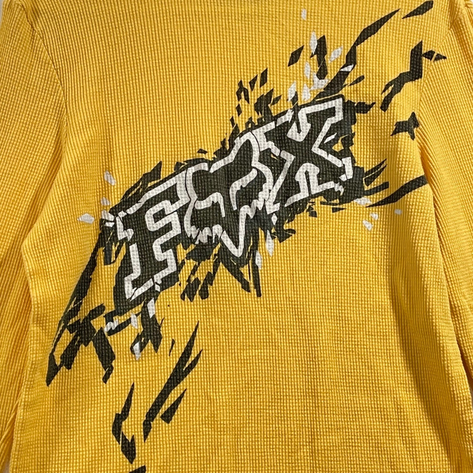 Fox Racing Y2K Mens Large Yellow Waffle Knit Thermal Graphic Long Sleeve Shirt