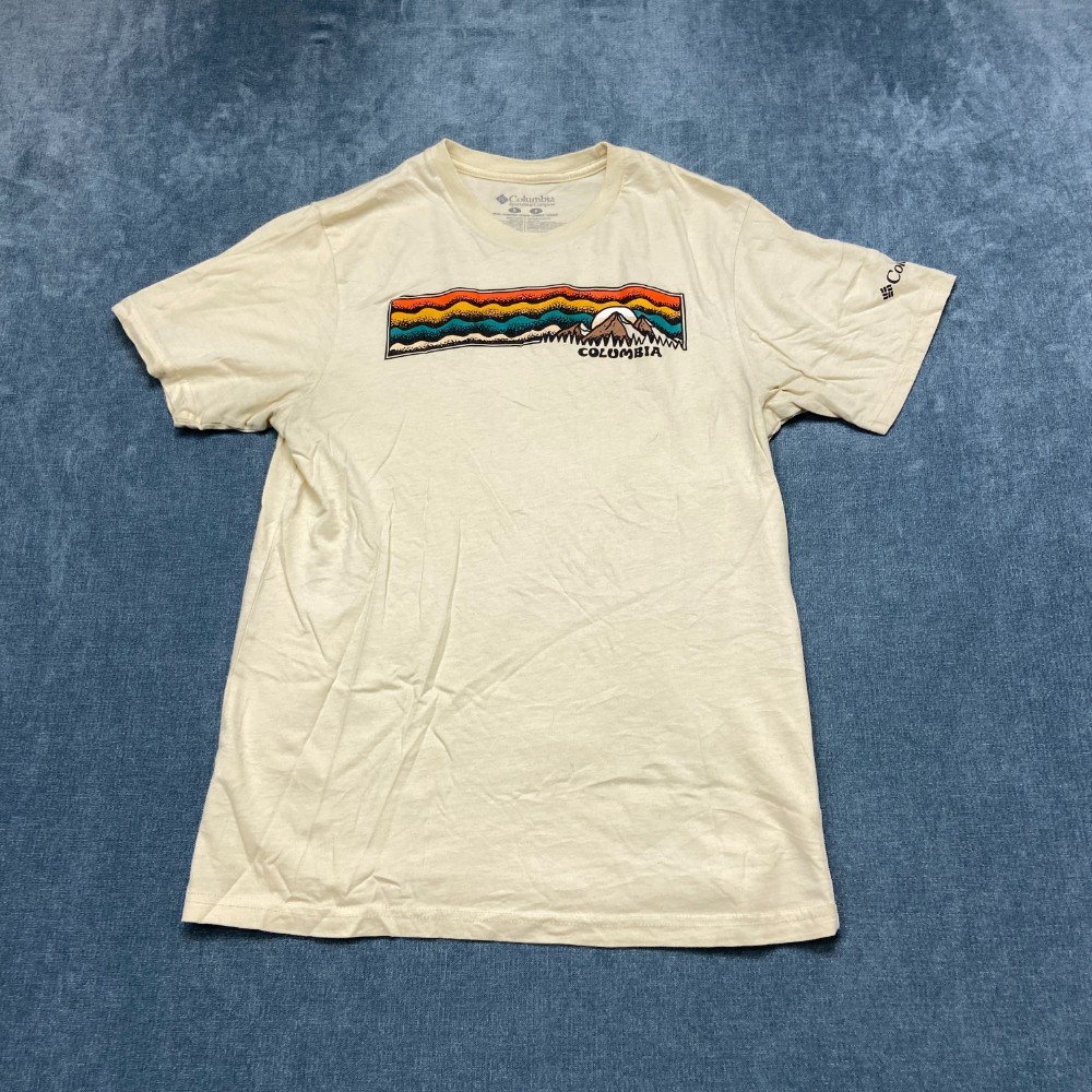 Columbia Sportswear Company T Shirt Mens Small Ivory Cotton Wordmark Logo Tee