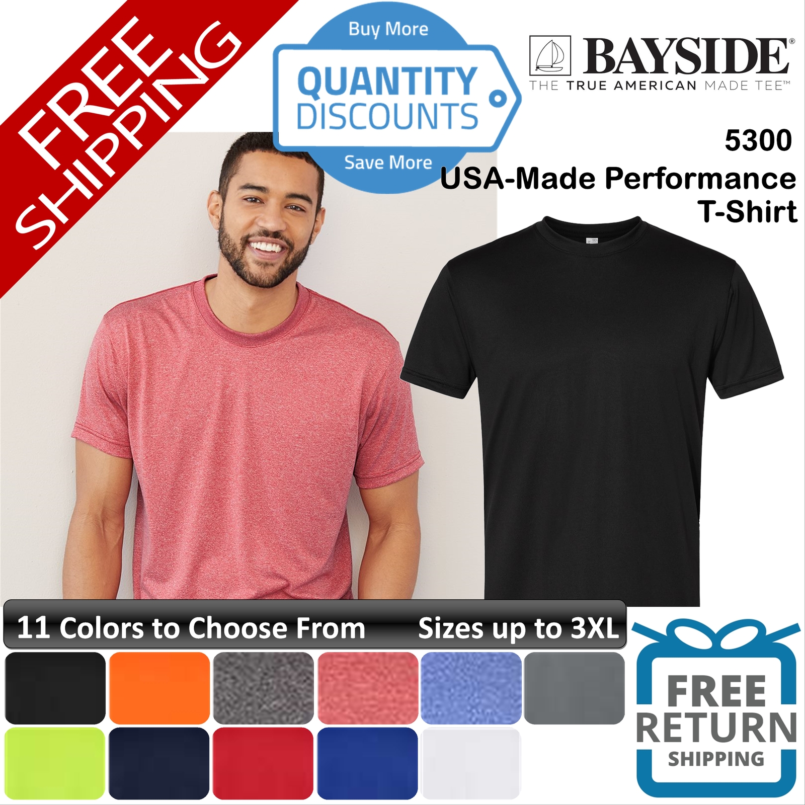 Bayside Men Usa-made Performance Short Sleeve Poly Sport T-shirt Up To 3XL 5300