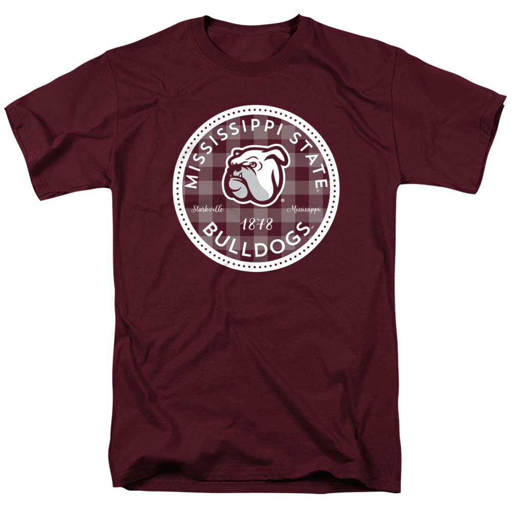 Mississippi State University Adult T-Shirt Plaid Badge, Maroon, S-3XL