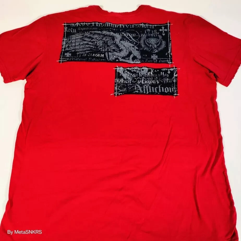 Affliction T Shirt Men XL Red Black Gray Silver Foil Patch Skull USA Distressed