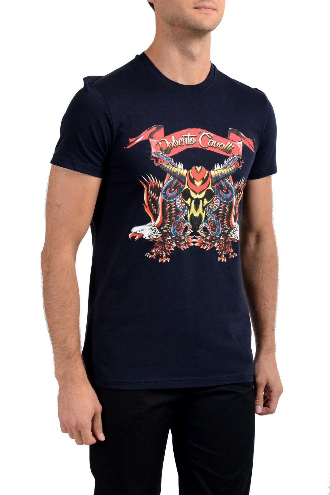 Roberto Cavalli Men’s Navy Blue Graphic Print Crewneck T-Shirt US 2XL IT 56