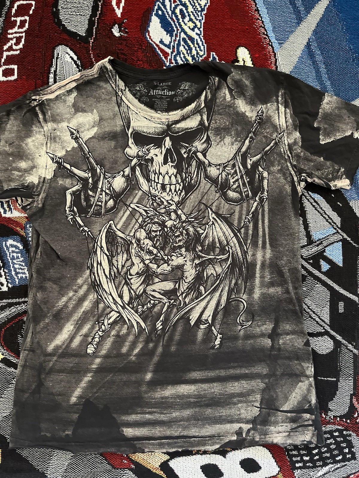 Affliction Puppet Master Shirt Angels vs Demons Gray Men’s XL Rare Y2K