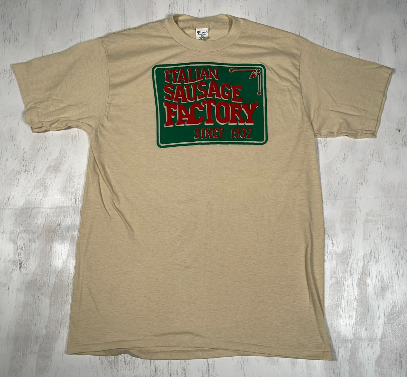 Vintage Italian Sausage Factory Men’s Cream XL Tee Single Stitch Made in USA