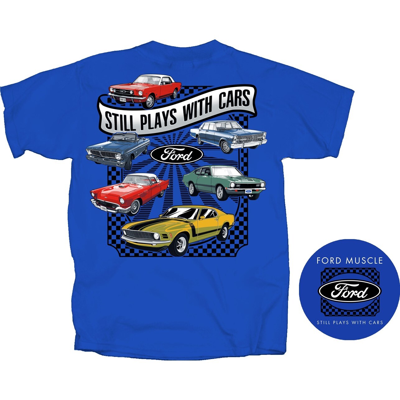 Joe Blow T’s Ford Muscle Still Plays With Cars Men’s Blue T-Shirt Mustang Falcon
