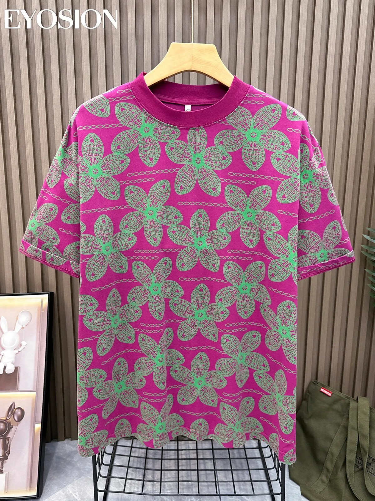 Men’s Pink Floral Print T-Shirt Casual Short Sleeve Cotton Crew Neck Summer Tee
