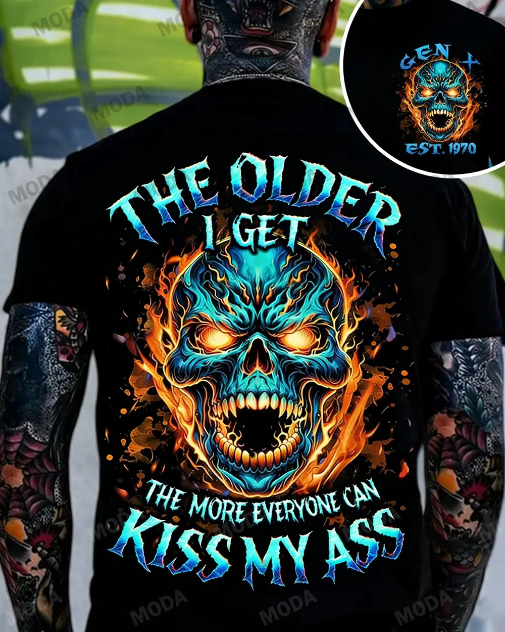 Custom Skull Flaming Skull Funny Quote Gothic Graphic Biker T-Shirt Unisex Tee