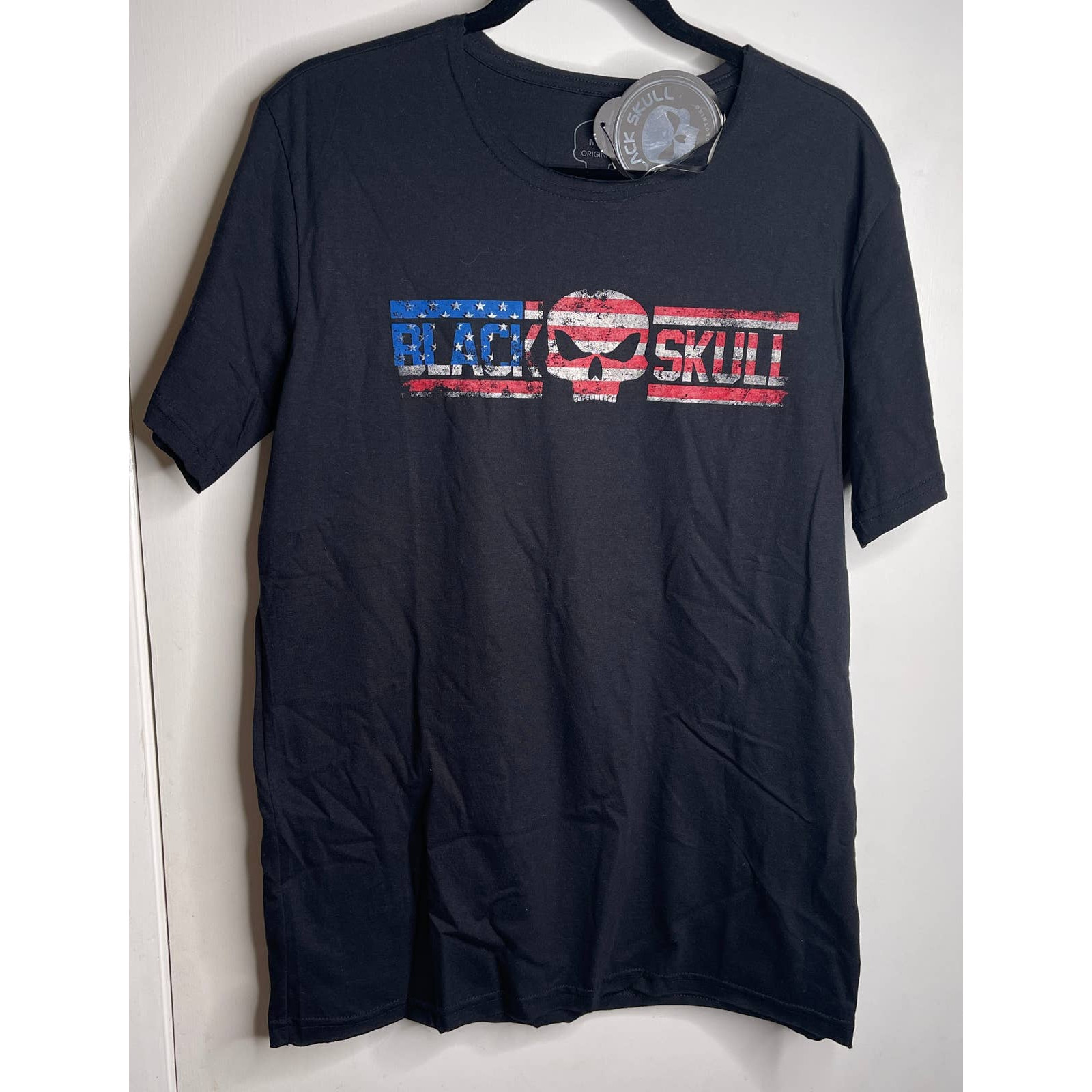 Black Skull Red White And Blue USA Flag Mens Medium Black Tshirt