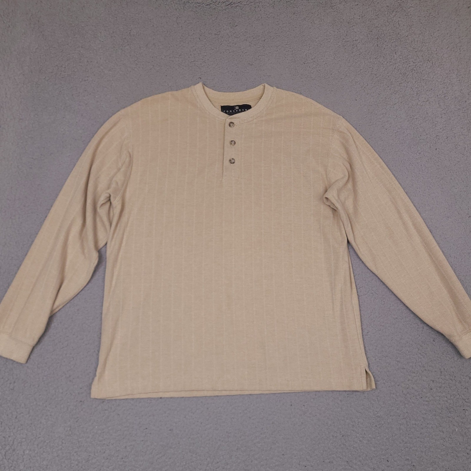 Consensus Sportswear Mens Long Sleeve Henley Shirt Medium Tan Brown Textured