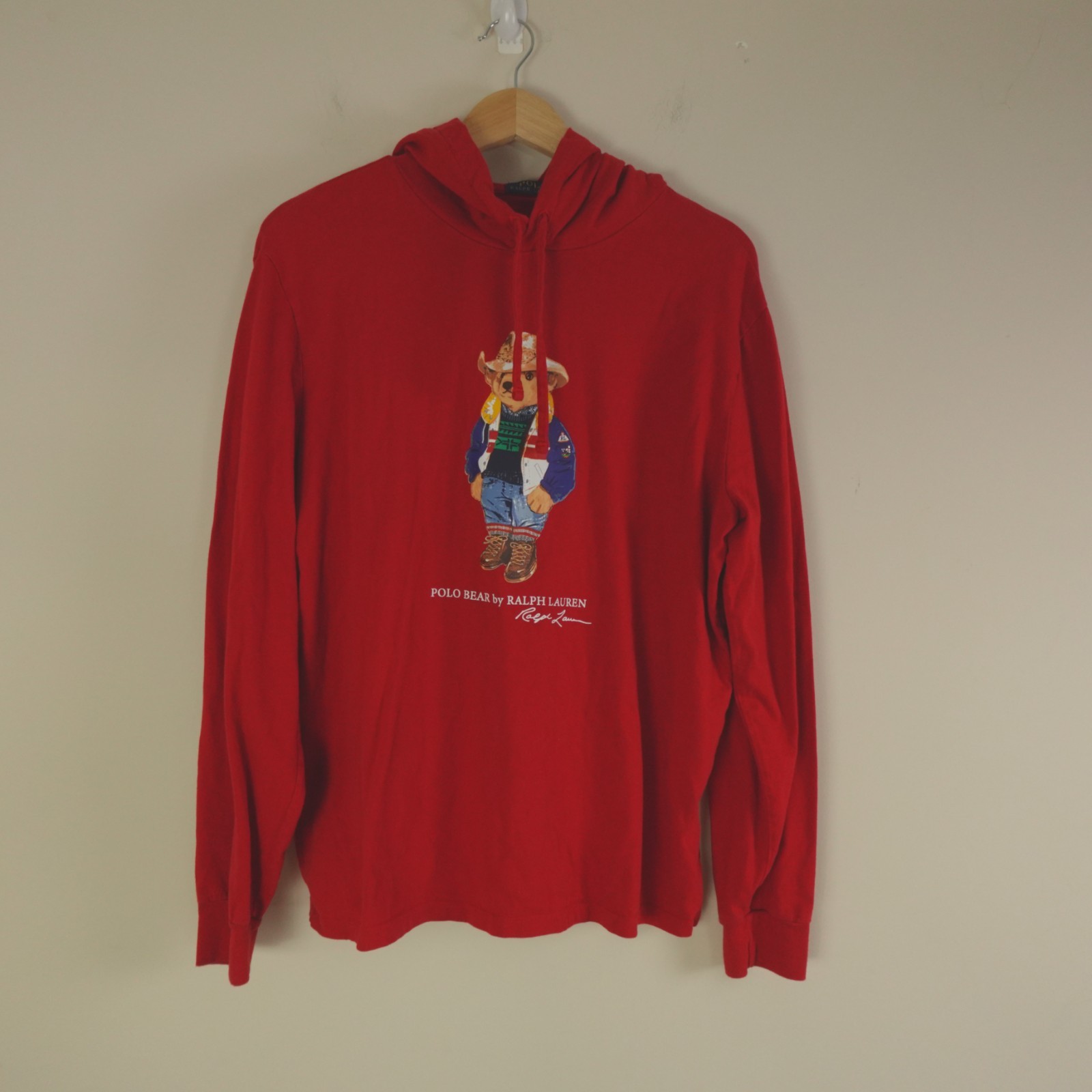 Ralph Lauren Polo Bear Pullover Large Red Sun Valley Jersey Hooded T Shirt