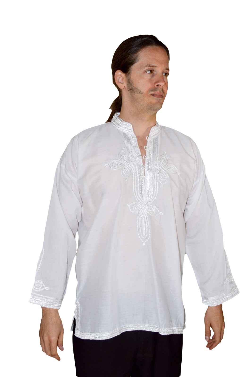 Moroccan Men Tunic Shirt Cafan Casual Handmade Embroidered Cotton X- Large White
